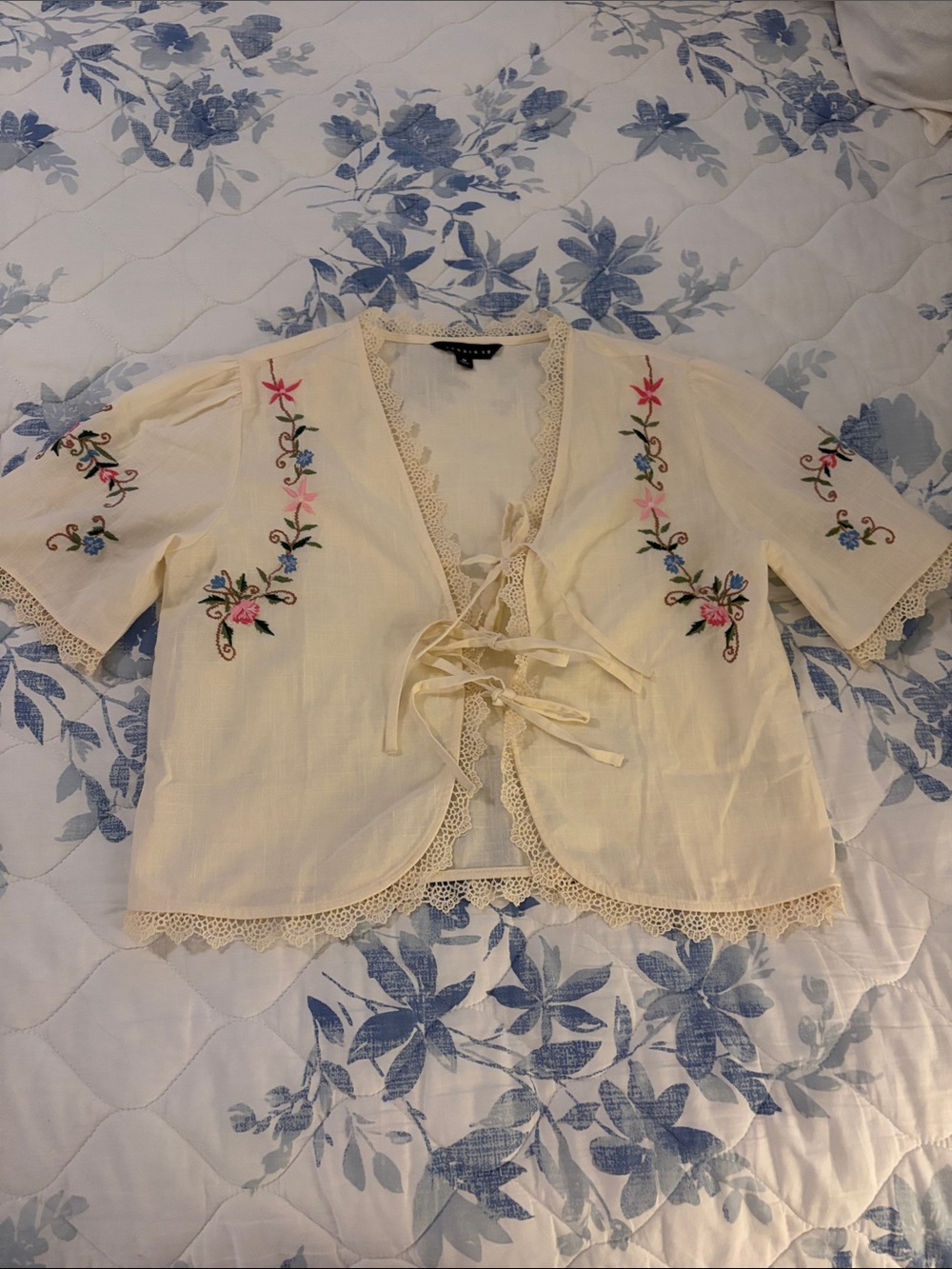 Studio Cream Embroidered Tie-Front Crop Blouse
